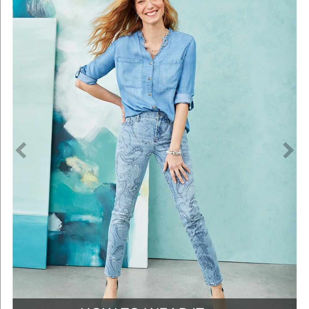 Chico’s paisley print so slimming jeans gf ankle
